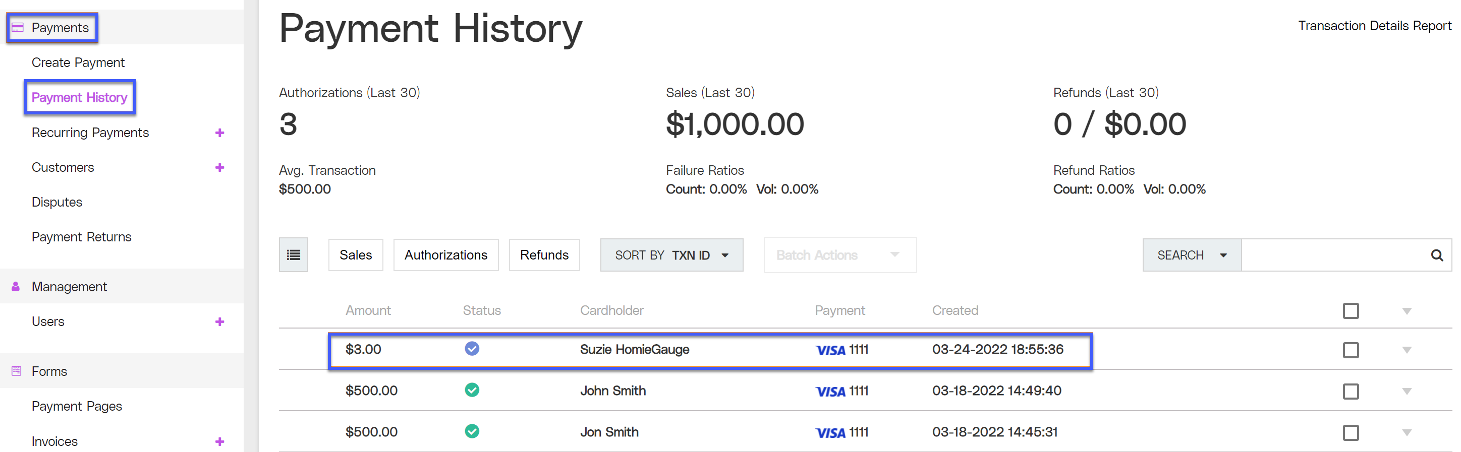 screenshot of HomeGauge payments dashboard