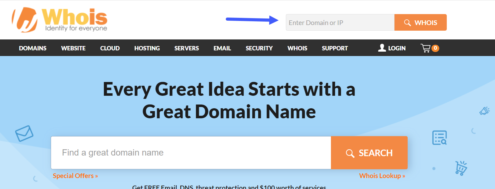 screenshot of whois.com page with arrow pointing to Enter Domain or IP field