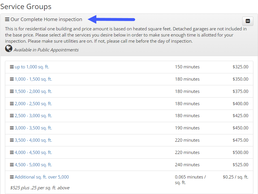 HomeGauge inspector dashboard edit services section