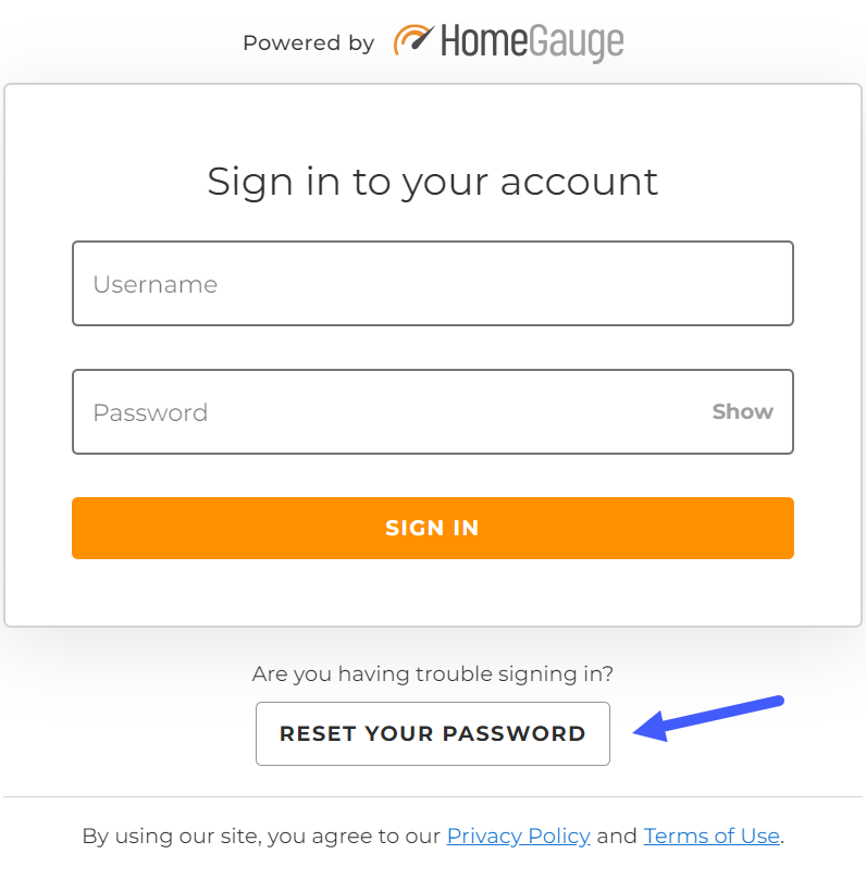 screenshot of HomeGauge account login with blue arrow pointing to Reset Your Password button