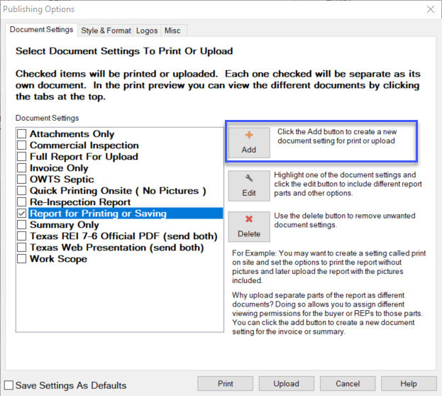 screenshot of HomeGauge Desktop report writer publishing options window