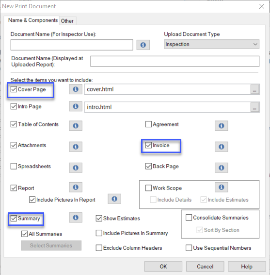 screenshot of HomeGauge Desktop report writer New Print Document window