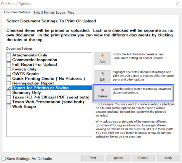 screenshot of HomeGauge Desktop report writer Publishing Options window