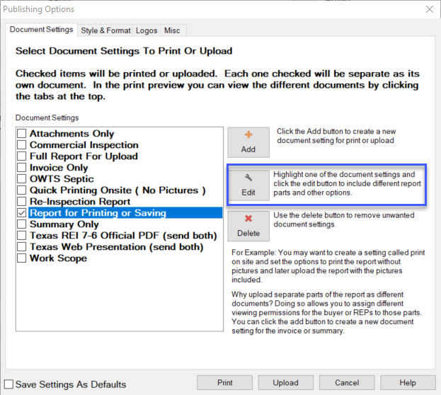 screenshot of HomeGauge Desktop report writer Publishing Options window