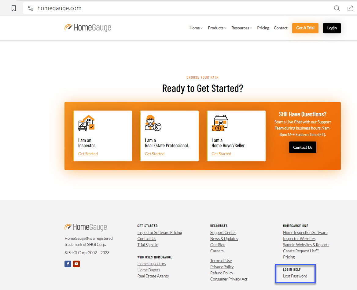 screenshot of HomeGauge website with blue box around Lost Password link