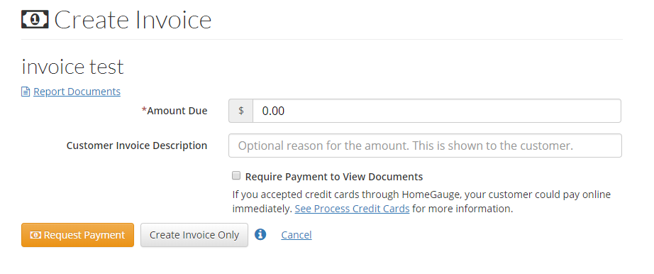 HomeGauge inspector dashboard create invoice